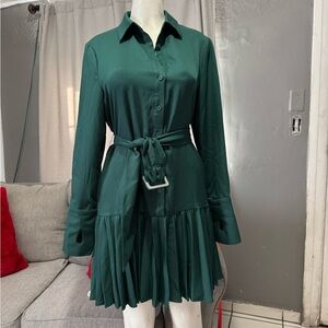 Women's Dark Green Pleated Shirt Dress with Waist Tie